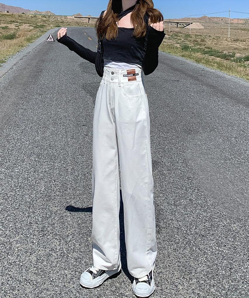 Denim Denim White Loose Plus Sizes Available [Imoha] Women's High-Waisted Wide-Leg Pants, Wide-Leg Pants, Bottoms, Figure-Flattering Jeans, Pockets,