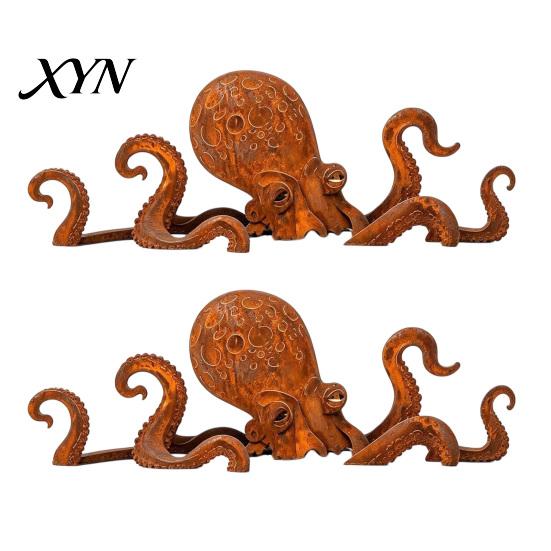 Octopus Garden Ornament Rust Patina Giant Squid Sculpture, 3D Metal Nautical Outdoor Pond Edge Decoration Statue for Patio Lawn Beach House