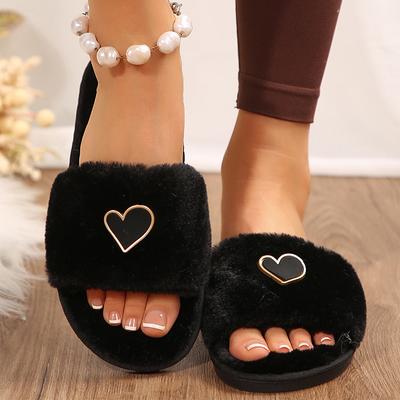 Fourrure Noire Automne Hiver 2025 Pantoufles d'Intérieur pour Femme en Forme de Cœur Semelle Souple Pantoufles d'Intérieur pour Femme Peluche Douce Diapositives de Chambre Chaussures