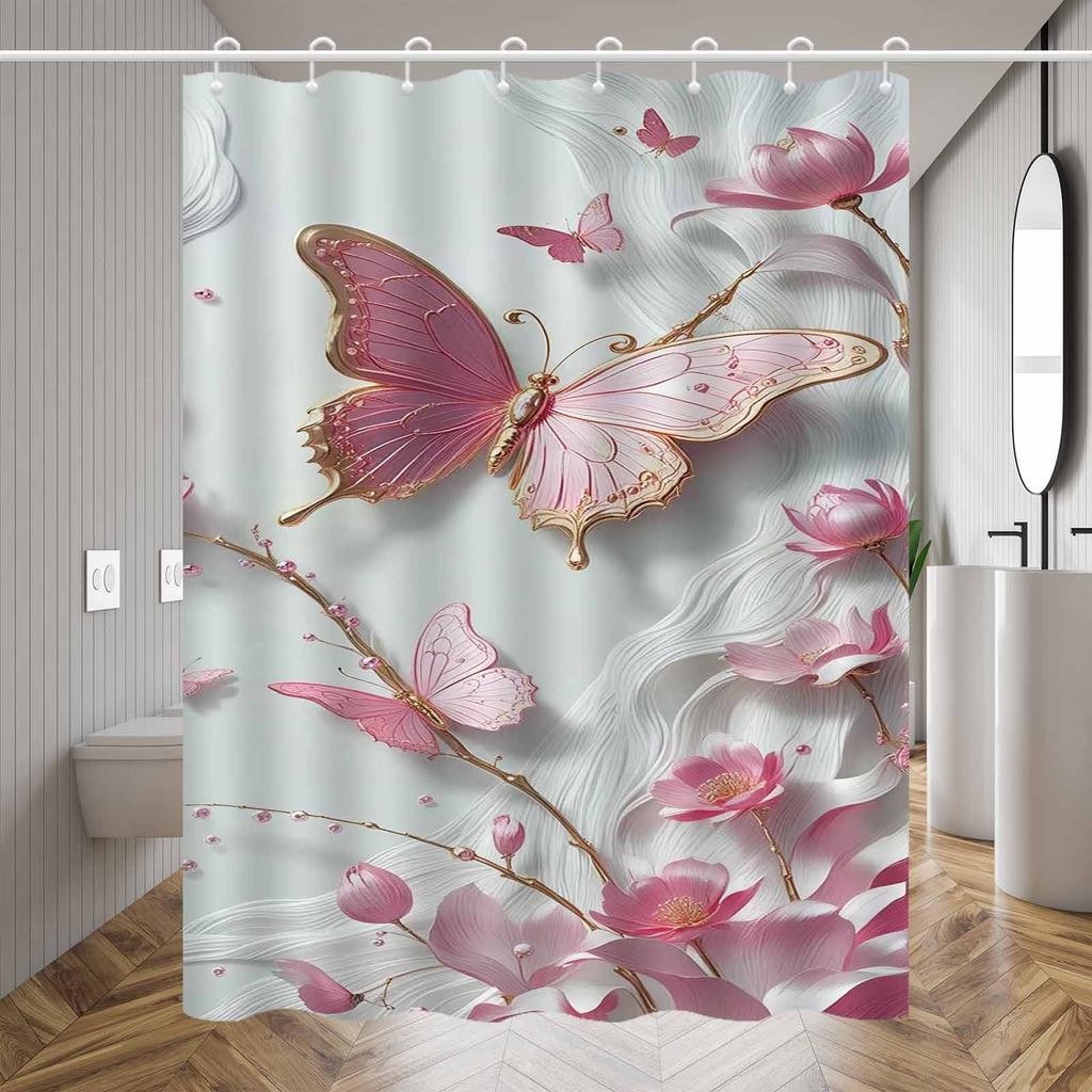 1Pc Pink Butterfly & Floral Shower Curtain - 3D Relief, Water-Resistant Polyester, Artistic Design, 12 Hooks, Machine Washable