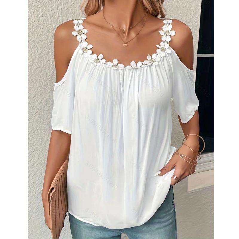 Letní Sexy Dámská Halenka Bez Ramínek Květiny Volná Krátký Rukáv Dámská Elegantní Ležérní Kulatý Výstřih Volné Bílé Topy