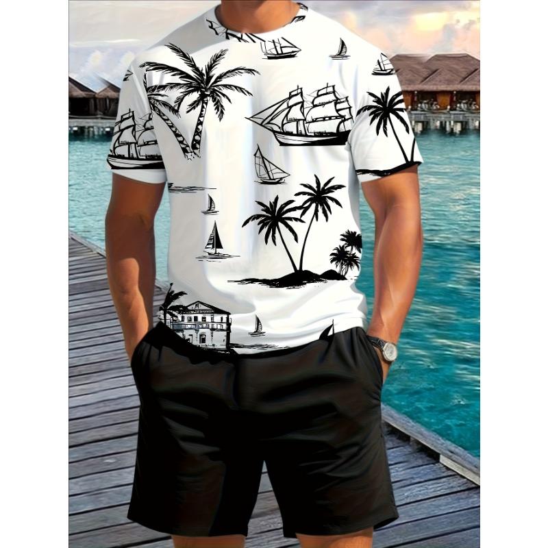 

2 men s coconut tree pattern 3D printed summer suits, short-sleeved round neck T-shirt and drawstring shorts for casual outdoor wear XL