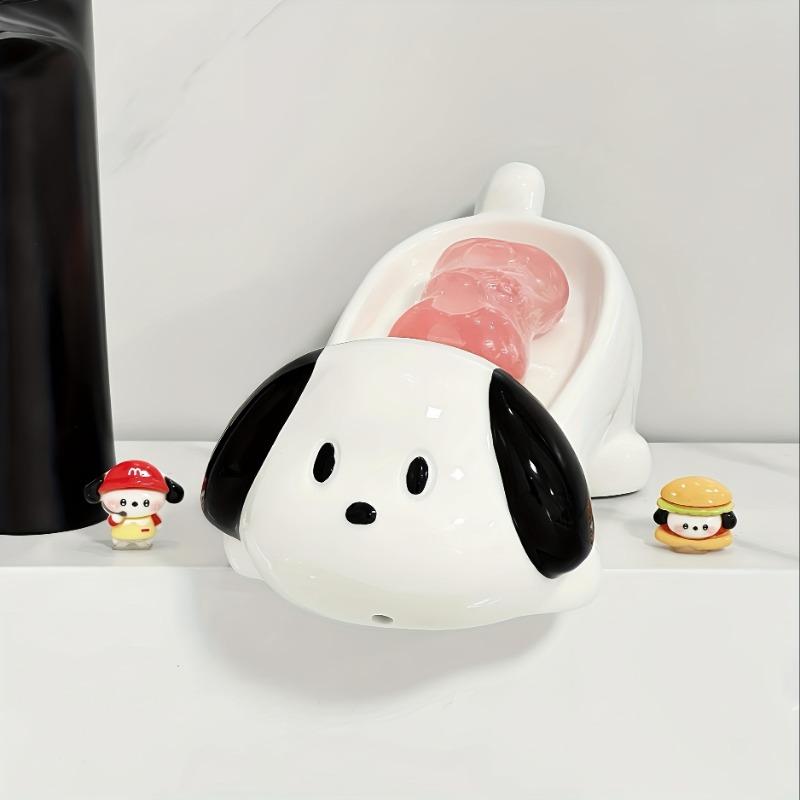 Cute Black White Dog Ceramic Soap Dish, Heart Cutout Draining Oval Soap Holder for Bathroom Kitchen Counter Decor