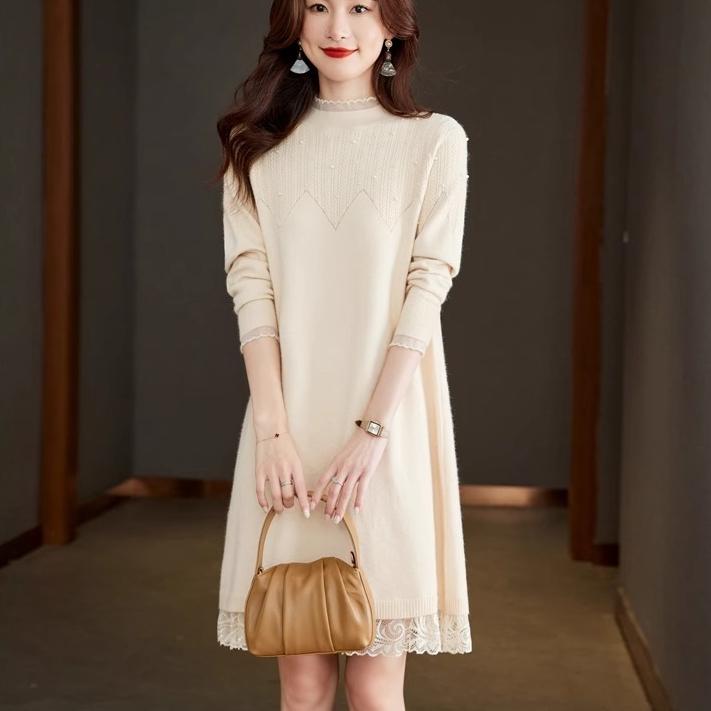 Lace Half Turtleneck Sweater Solid Color Loose Pullover for Women Casual Long-sleeved Knitted Dress for Autumn and Winter