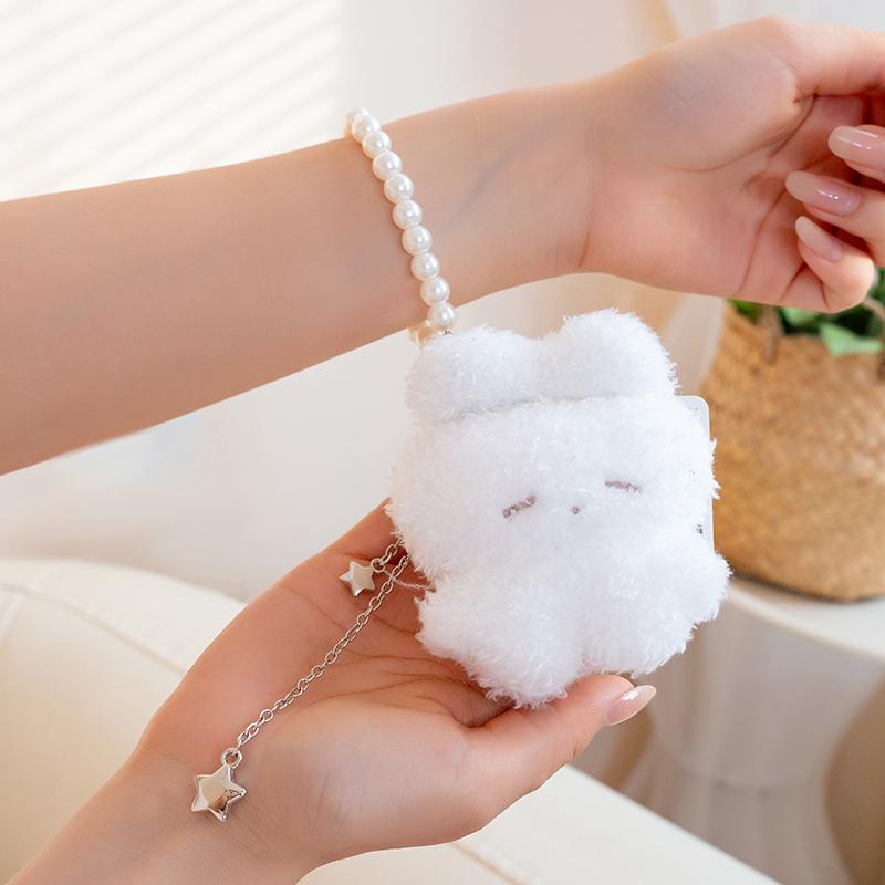 Handmade Mini Sleepy Little Rabbit Plush Toys Soft Fluffy Cartoon Pearl Chain Bunny Hanging Doll Lovely Keychain Bags Decor