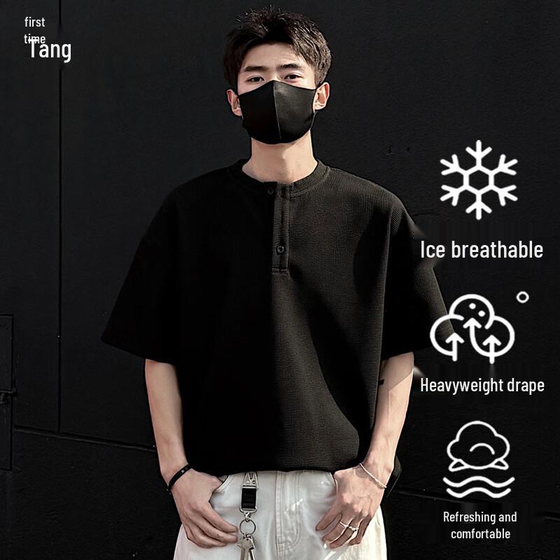 

Men s Heavyweight Waffle Knit Henley 5-Point Sleeve T-shirt 2XL