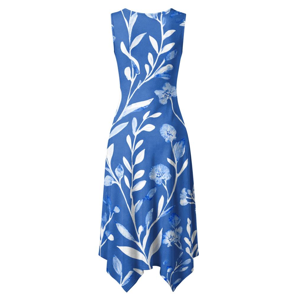 Women Sleeveless Crew Neck Floral Print Midi Dress Asymmetrical Hem Casual Loose Fit Summer Sundress for Everyday Wear