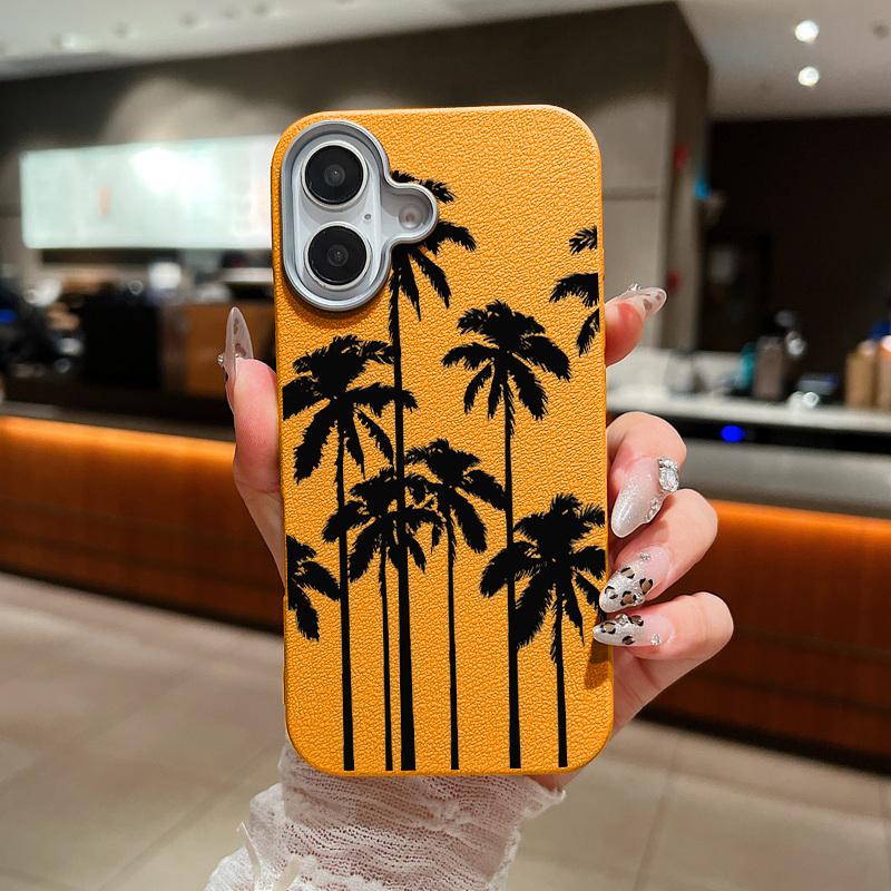 Schwarze Kokosnussbaum-Print-dünne, stoßfeste, weiche TPU-Telefonhülle für iPhone 16 Pro Max 15 Pro 14 13 12 11 Linsenschutzhülle aus mattem Leder