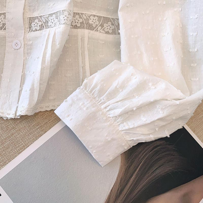 Korean Temperament Unique and Beautiful Lace Blouse with Lace Collar and Jacquard Long Sleeved Shirt Top for Women