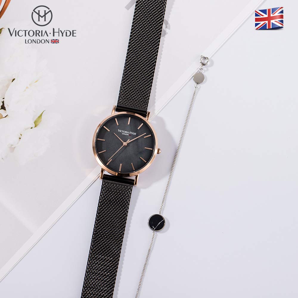 VICTORIA HYDE Watch Bracelet Set Simple Quartz Watch Waterproof Stainless Steel Mesh Band Detachable Fashion Watch Gift Women's Women's (Black)