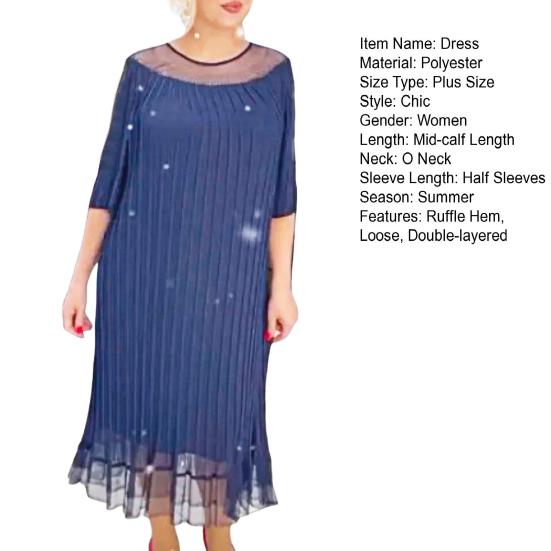 Women Dress Half Sleeve O Neck Double-layer Mesh Patchwork Ruffle Hem Plus