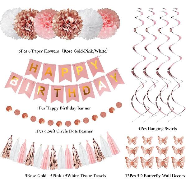 Rose Gold Birthday Party Decorations Kit for Women Girls, Foil Confetti Rose Gold Balloon Pink Happy Birthday Banner Fringe Curtains Butterfly Decor