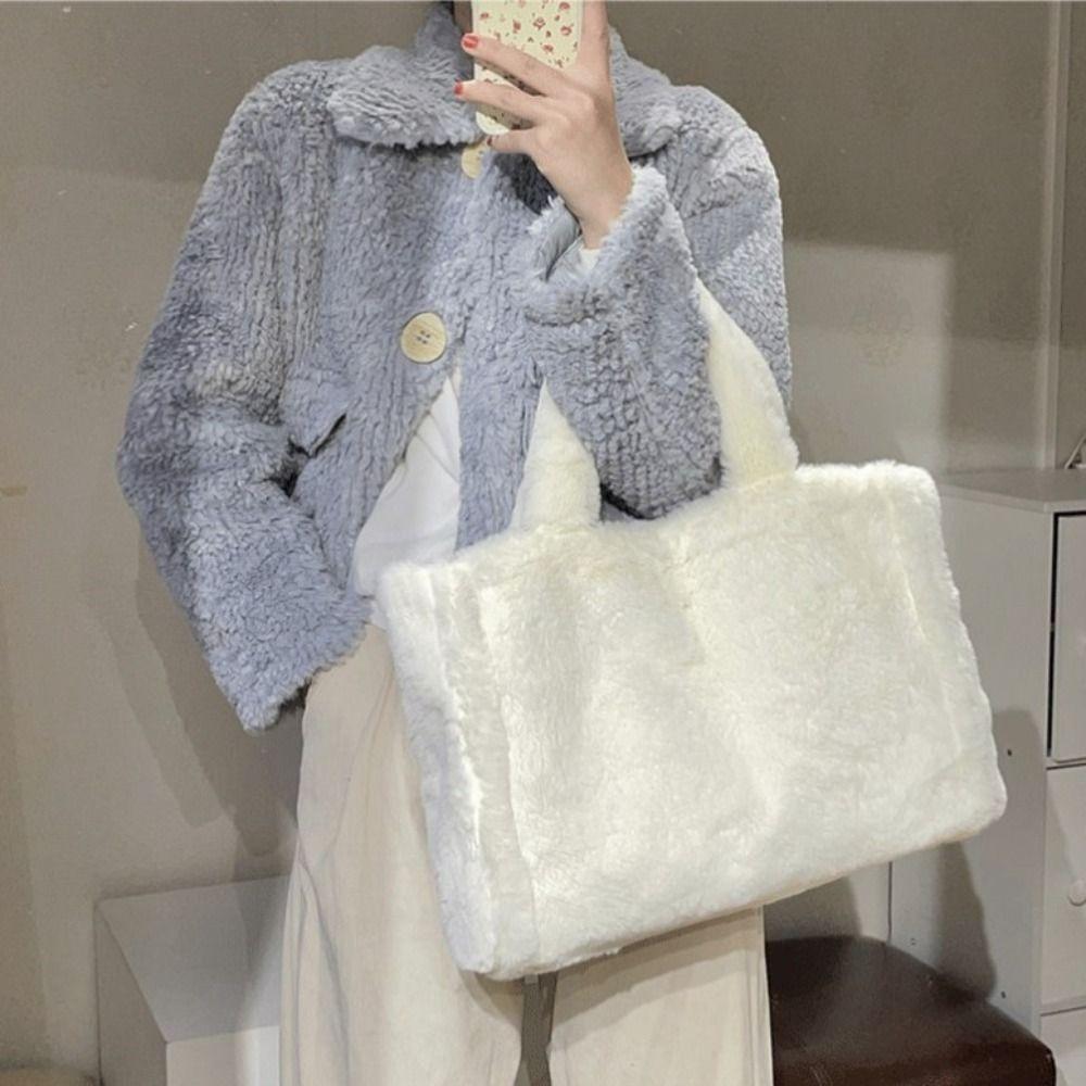 Large Capacity Plush Tote Bag Korean Style Shoulder Handbag Casual Faux Fur Tote Bag  Lady