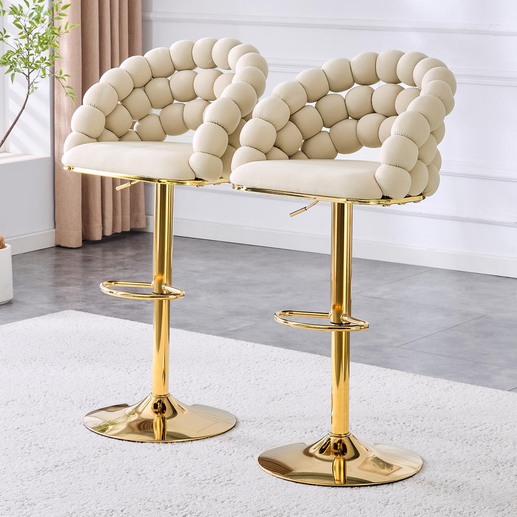 Cream White Velvet Bar Stools Set of 2 – Ball-Chain Backrest, Gold-Plated Adjustable Frame, Stylish for Kitchen Island, Home Bar & Dining Area