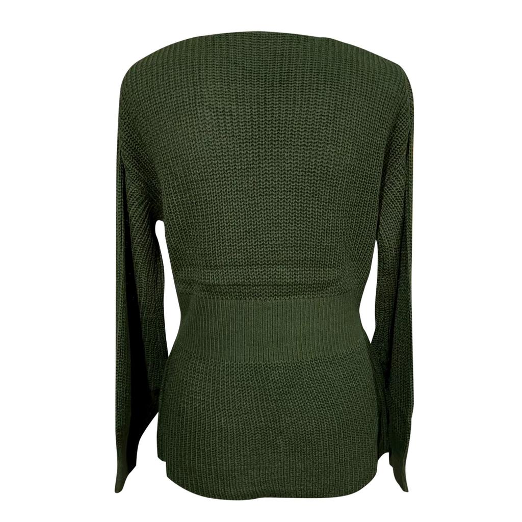 Women's Fashion V-Neck Pullover Shirt Solid Color Long Sleeve Ruffle Waist Women's Shirt