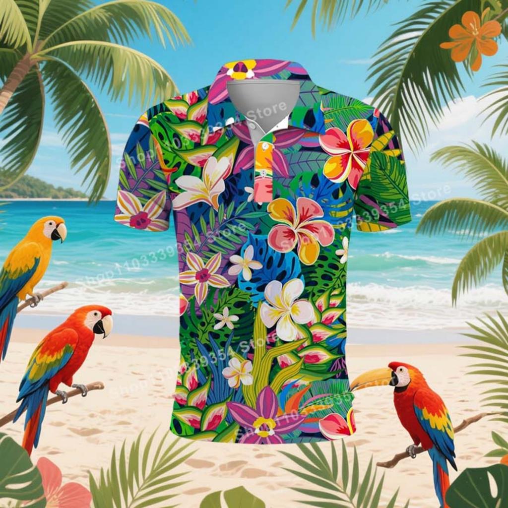Hawaiian Beach Coconut Trees Polo Shirt For Men Summer 3D Print Leaves Short Sleeve Golf Polo