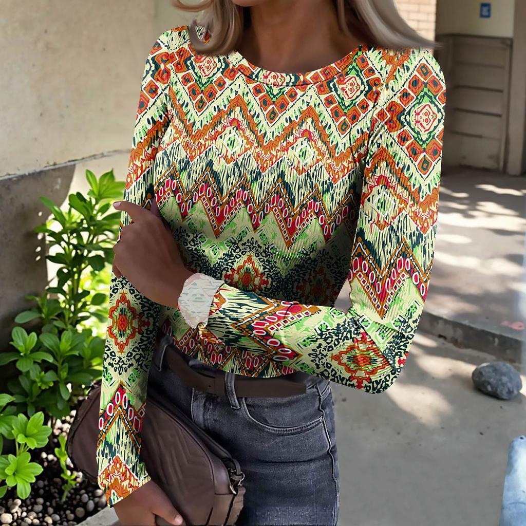 Women's  Slim Bottom T-shirt Fashion Casual Gradient Printing Round Neck Pullover Long Sleeve Top