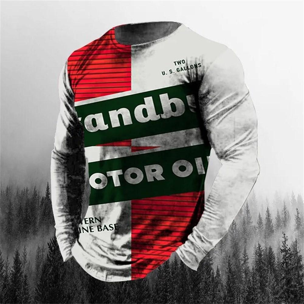 Vintage Men's T-shirt Long Sleeve Biker Tops Tees 3D STP Oil Print Motorcycle T Shirt Oversized Loose Texaco Man Clothing