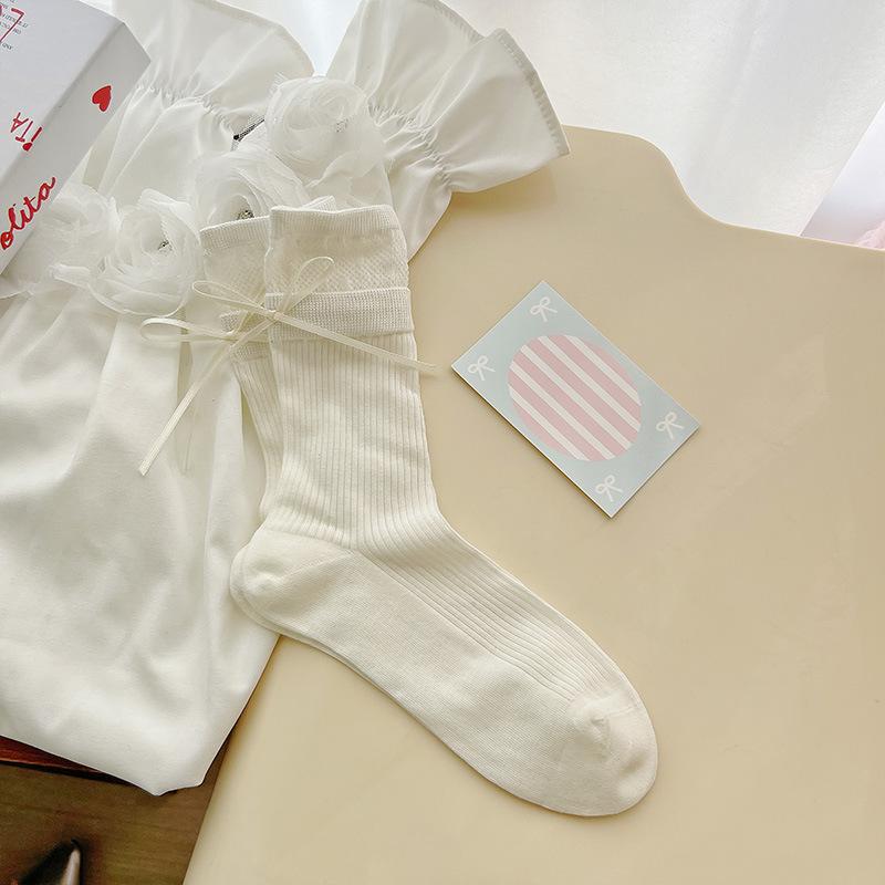 Female Spring and Summer Thin Heel Bow Ballet Style Solid Color Boneless Tube Stack Socks