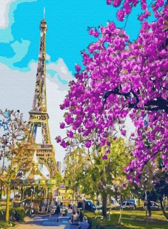 Paint by number kit with frame, artistic brushes, eiffel tree