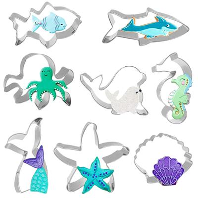 8Pcs Ocean Animal Cookie Cutters Mermaid Tail Starfish Seashell Shark Shapes Sea Themed Biscuit Molds Stainless Steel Fondant Cutters Birthday