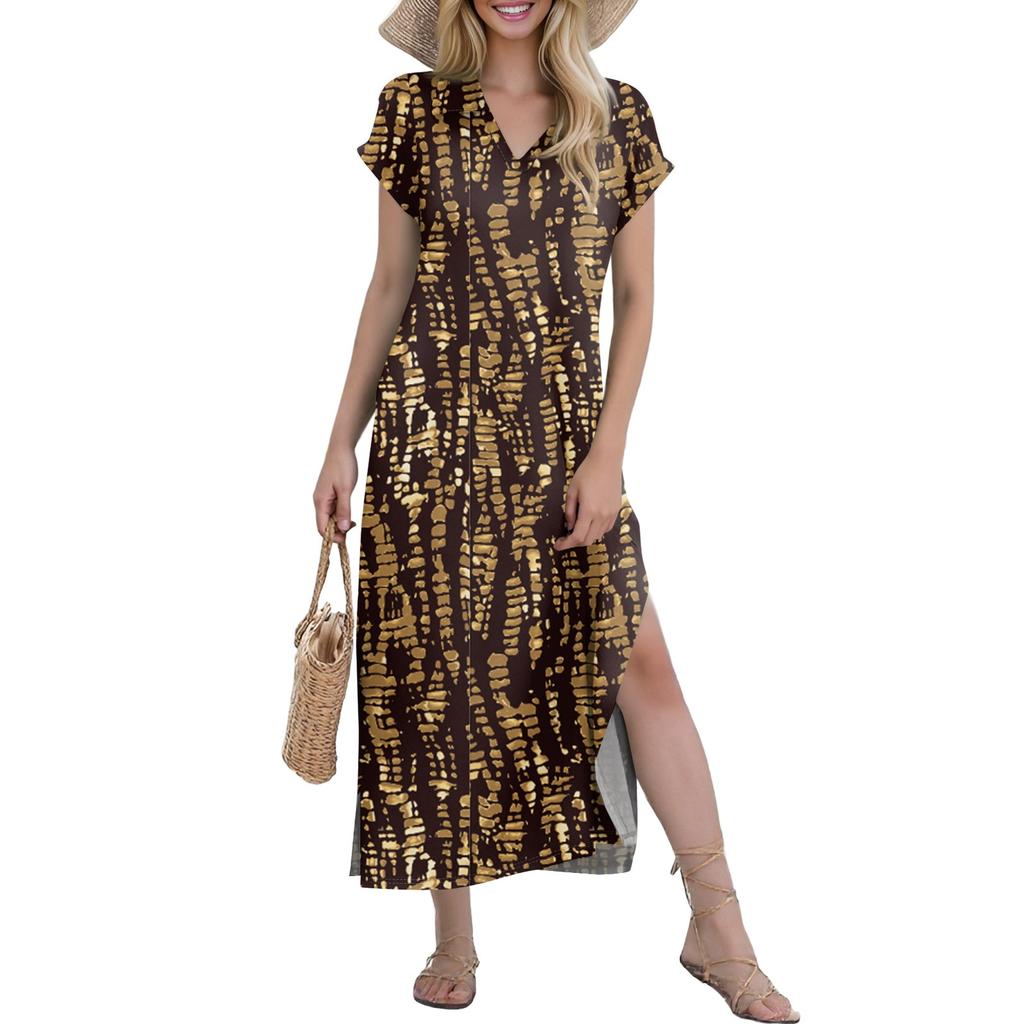 Women's Casual Comfortable V Neck Loose Hem Split Vacation Short Sleeve Floral Long Dresses