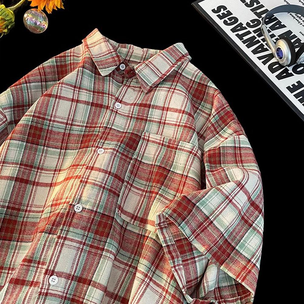 Dámské Pánské Y2K Vintage Jarní Podzimní Topy Kostkované Košile Trička Kabát Streetwear Muži Ženy Kardigan Japonský Styl Korejské Oblečení