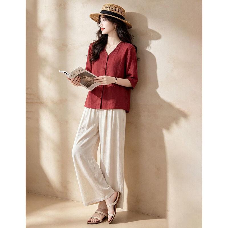 D.F.DEAR Women's Linen V-Neck Top & Wide-Leg Pants Set