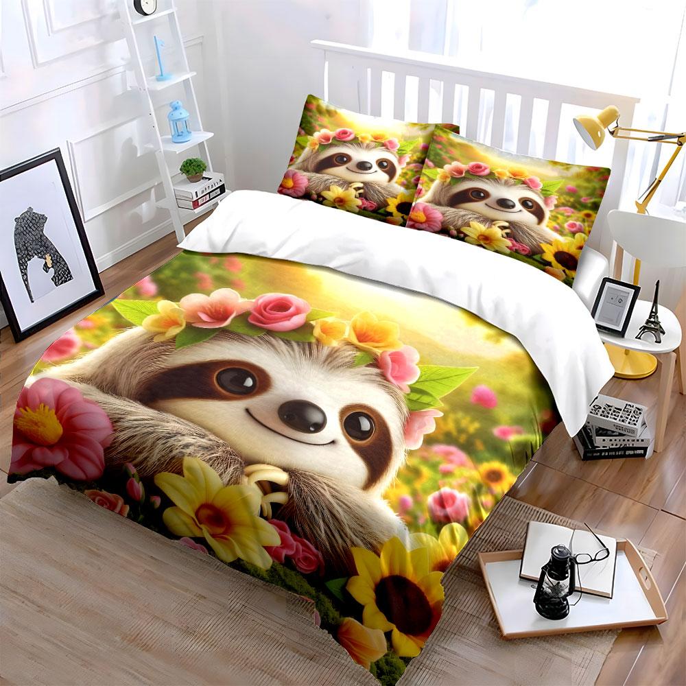 Smiling Sloth With Flowers In Sunshine Printed Duvet Cover Set1 Duvet Cover+2 Pillowcasemulti Size Bedroom Bedding Decor