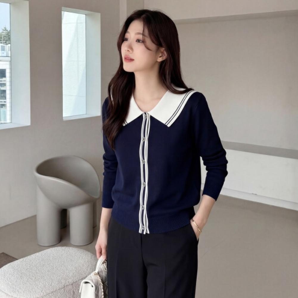 MorriS Coming Home Women S Two Line Color Block Flat Collar Button Knit M2602kn