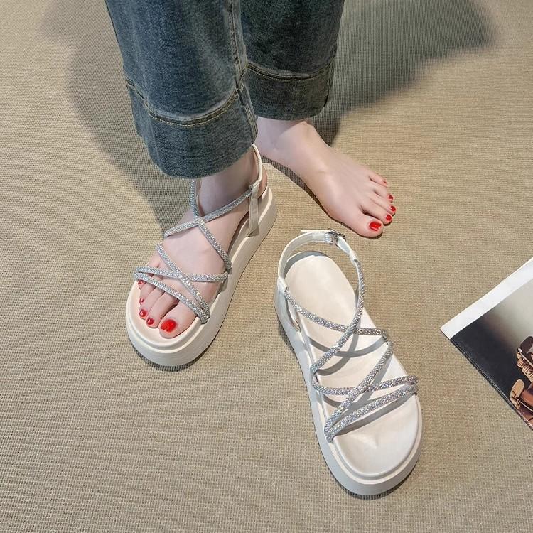 Sheepskin version~ Small thick-soled sandals for women's summer wear 2025 new summer fashion high-end rhinestone sandals