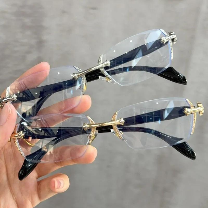 Y2K Retro Frameless Glasses for Women and Men Fashionable Metal Carved Anti Blue Light Glasses