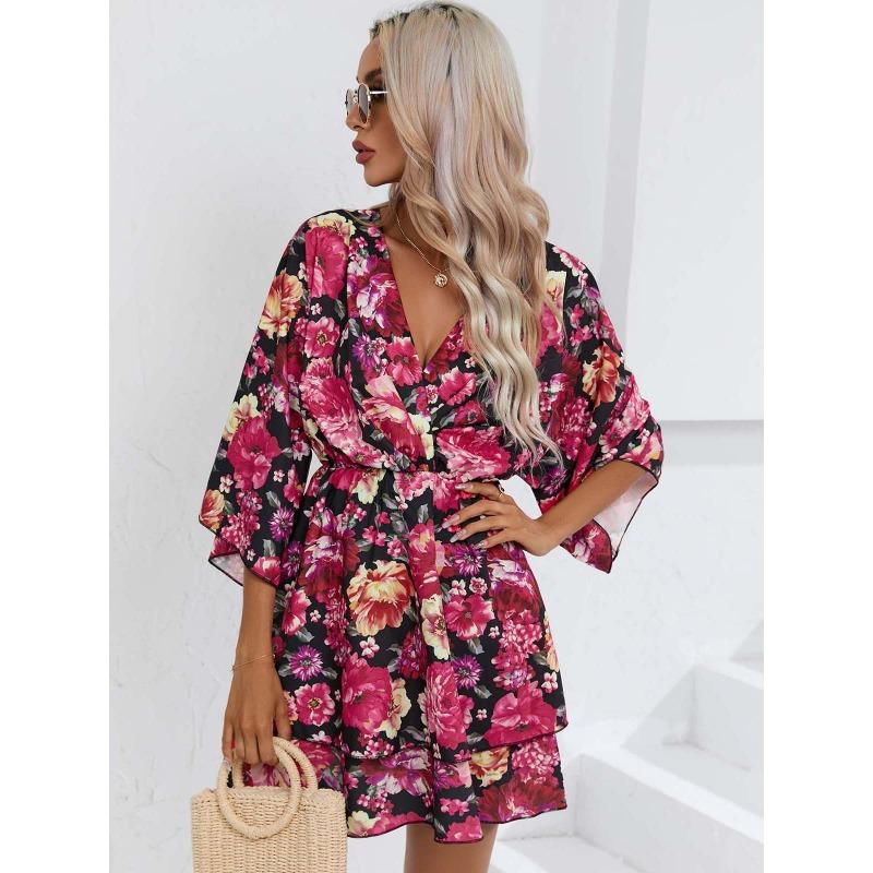 Women's Dress Summer Print Seven Quarter Sleeves V-neck Foreign Trade Women's Clothing Casual Dresses