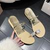 Slippers women's summer wear rhinestone cover toe flat bottom fashion versatile slope heel beach cool slippers