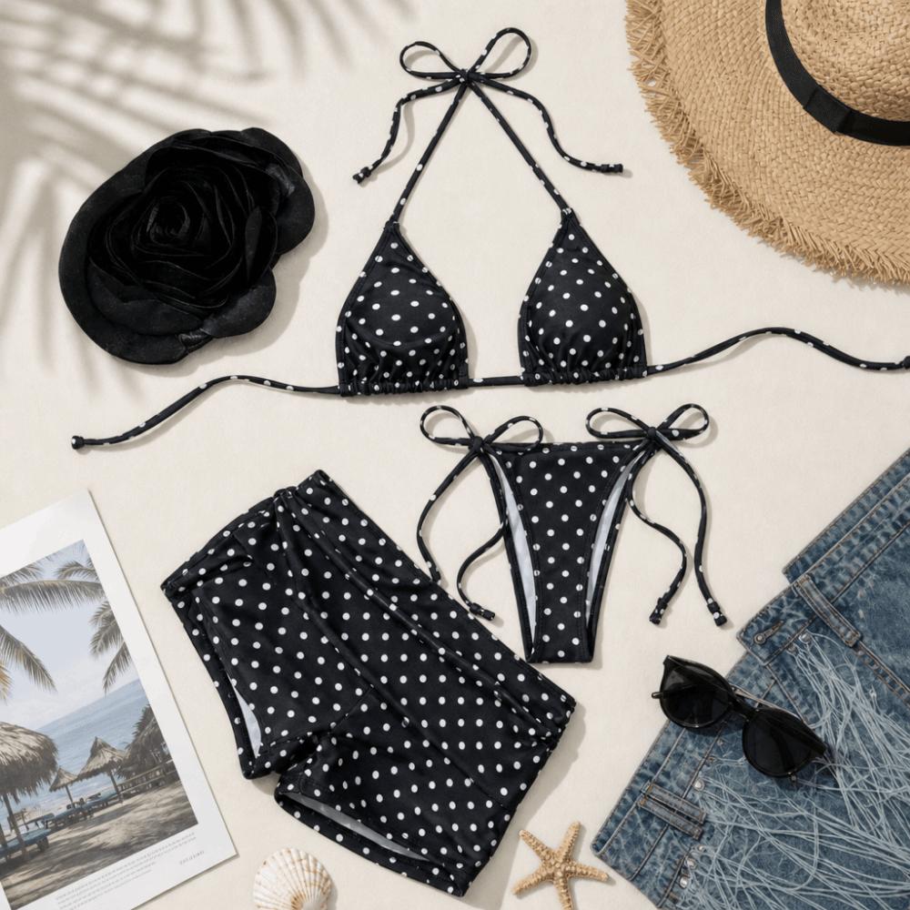 3pcs Halter 3-Piece Swimwear Dot Print Bikinis Set Beachwear Clothing Bathing Suits Summer Season