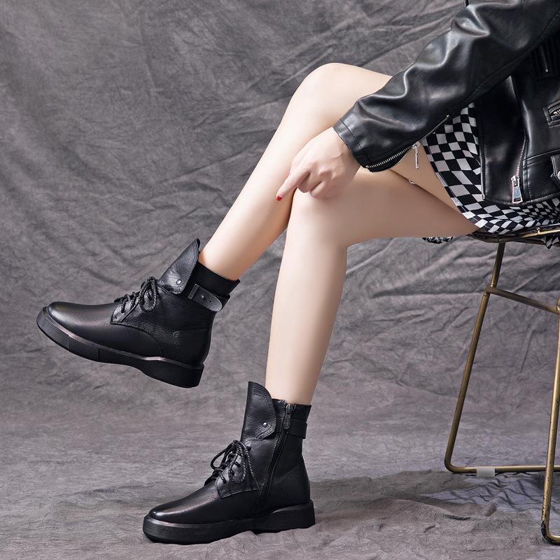 2025 Winter New Leather High-top Women's Boots Military Uniform Wind Buckle Lace-up Original Handmade Martin Boots Cowhide Single Boots