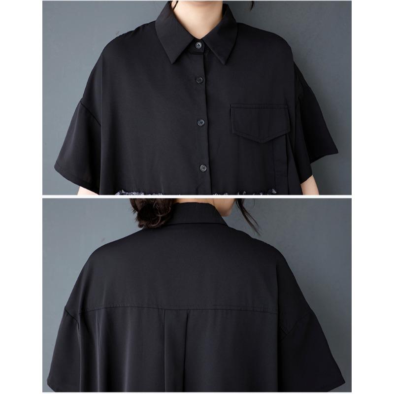 DIMANAF 2025 Plus Size Dress Women Summer Long Shirt Dress Lace Spliced Casual Loose Vintage Dress Maxi