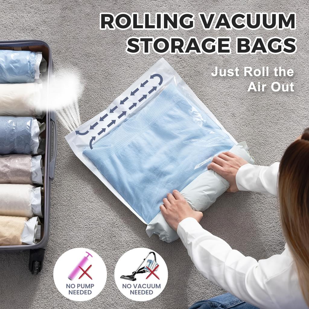 2 Pack Roll Up Compression Bags Reusable Vacuum Storage Bags for Travel Organizer Saving Space In Suitcase No Pump Required 2025
