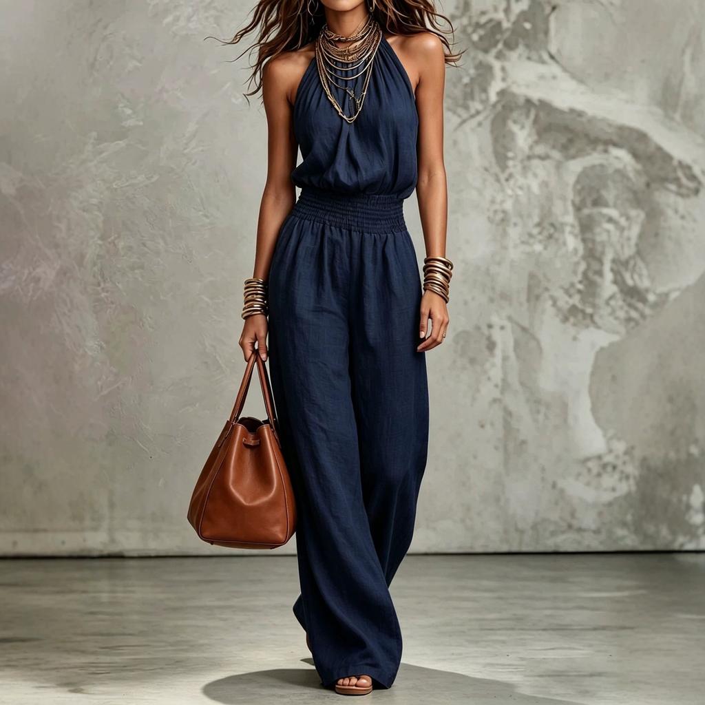 Mono de mujer con cuello halter sin mangas, cintura elástica, pierna ancha, casual de verano, color liso