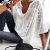 Moda feminina casual cor sólida estampa manga curta blusas e camisas com decote em V