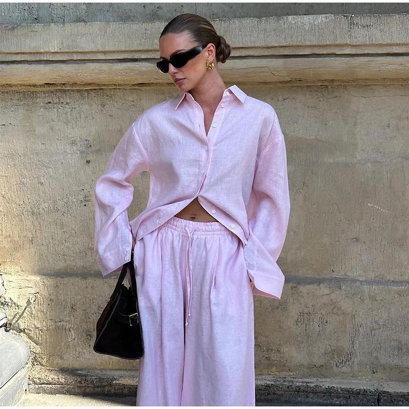 Women's Pure Cotton Shirt and Pants Set Casual Solid Color Women's Set V-neck Button Decoration Sweet Style Spring and Summer New Women's Clothing