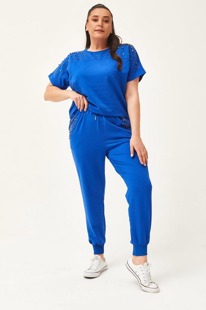 Set de trening de marime mari la moda pentru dama Set de trening de vara verde cu maneca scurta, detaliat cu piatra si margele