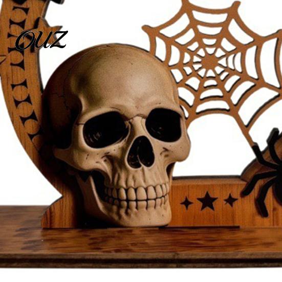 Entrance Counter Decorations Halloween Wooden Skull Ornament with Bat and Spider Web Elements, Stable Rustic Holiday Table Decor Base Tabletop