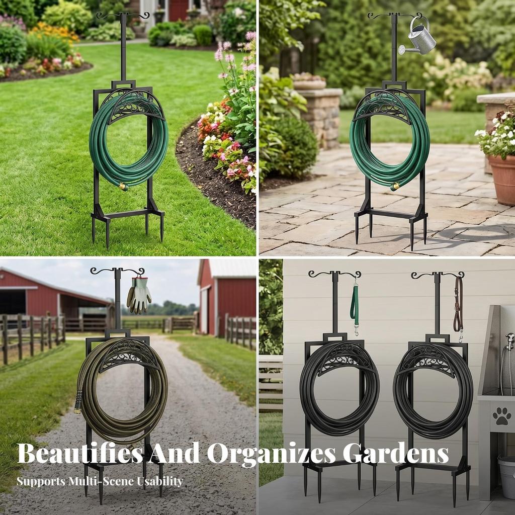 Garden Hose Holder with Spikes Decorative Scrollwork Freestanding Pointed Stakes Yard