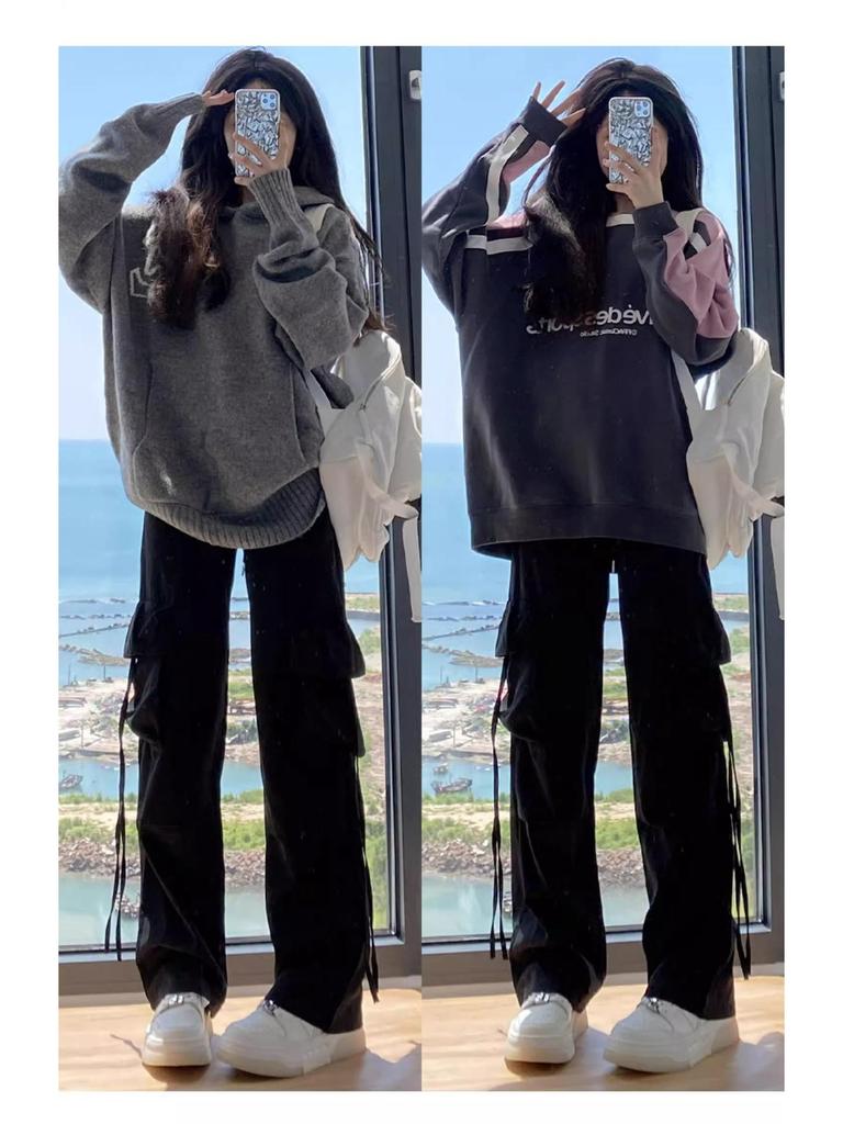 Petite Women's Gray High Waist Wide Leg Cargo Pants - Spring/Summer 145cm Casual Drape Parachute Style