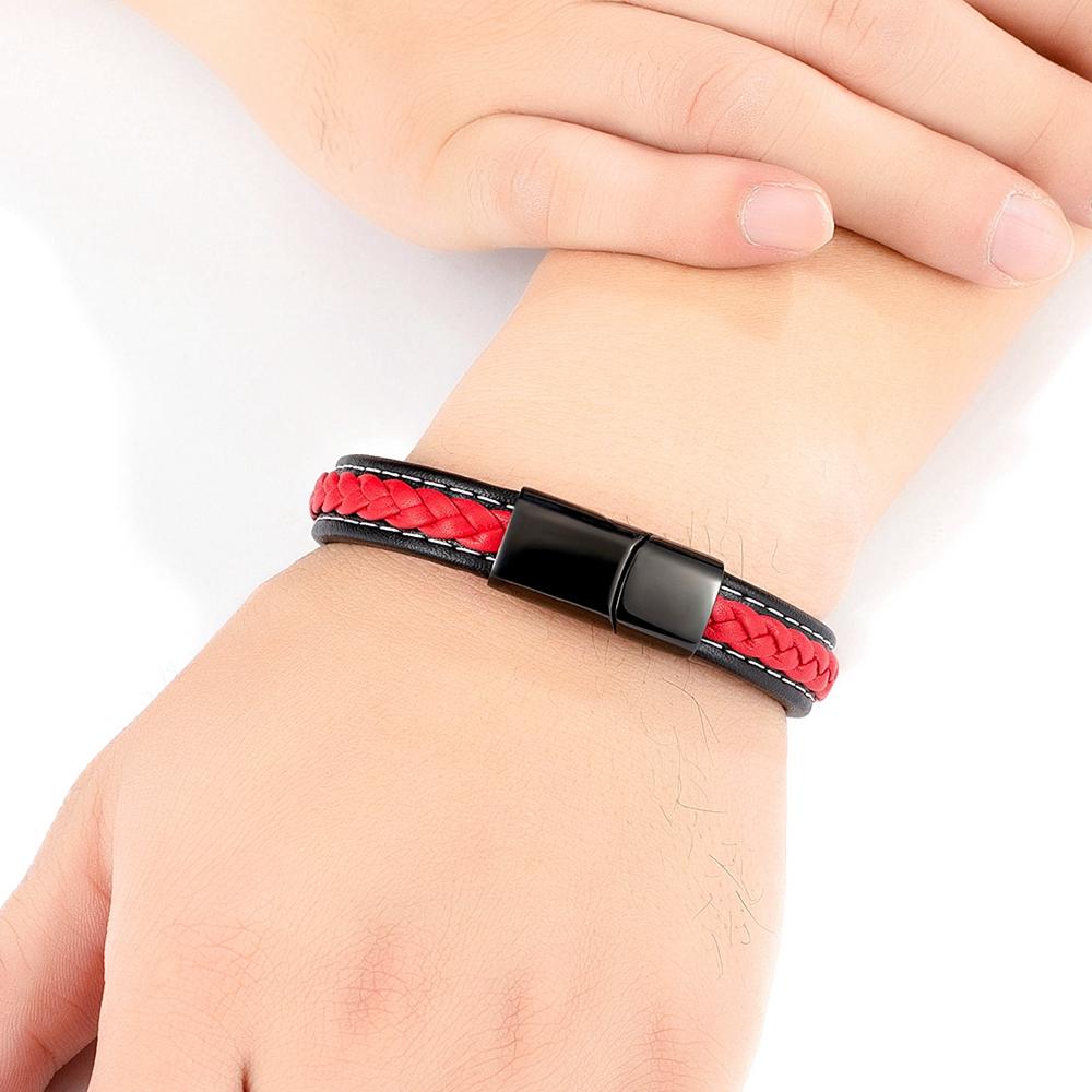 Black & Red Braided Rope Leather Bracelet Men Stainless Steel Charm Jewelry Bangle for Friend Couple Birthday New Year Gift