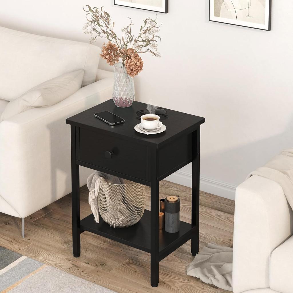 Set of 2 Nightstands with Drawers and Shelf, Black Wood Metal Bedside Tables, Easy Assembly, for Bedroom Living Room