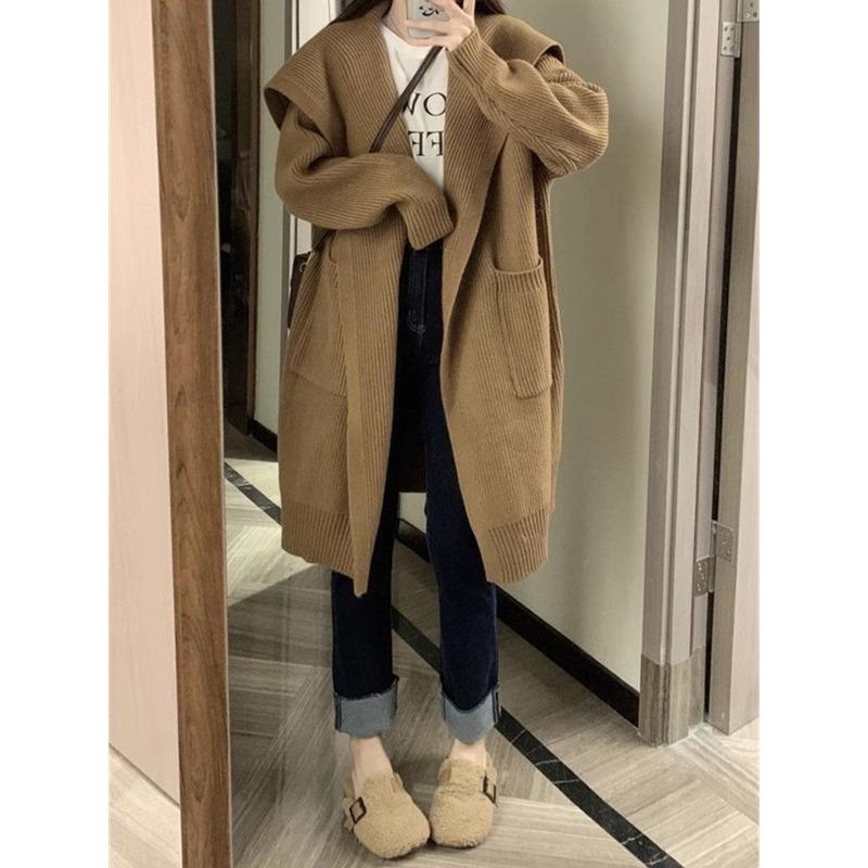 Thickened large sweater jacket women's autumn and winter medium and long loose lazy style retro knitted cardigan new