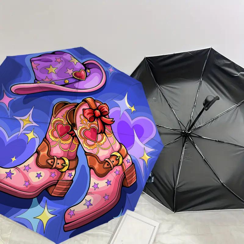 1pc Cowboy Boots Starry Hat Automatic Open/Close Umbrella with Windproof, 8-Rib Sturdy Canopy, Durable Ribs, Fashionable Design1149A