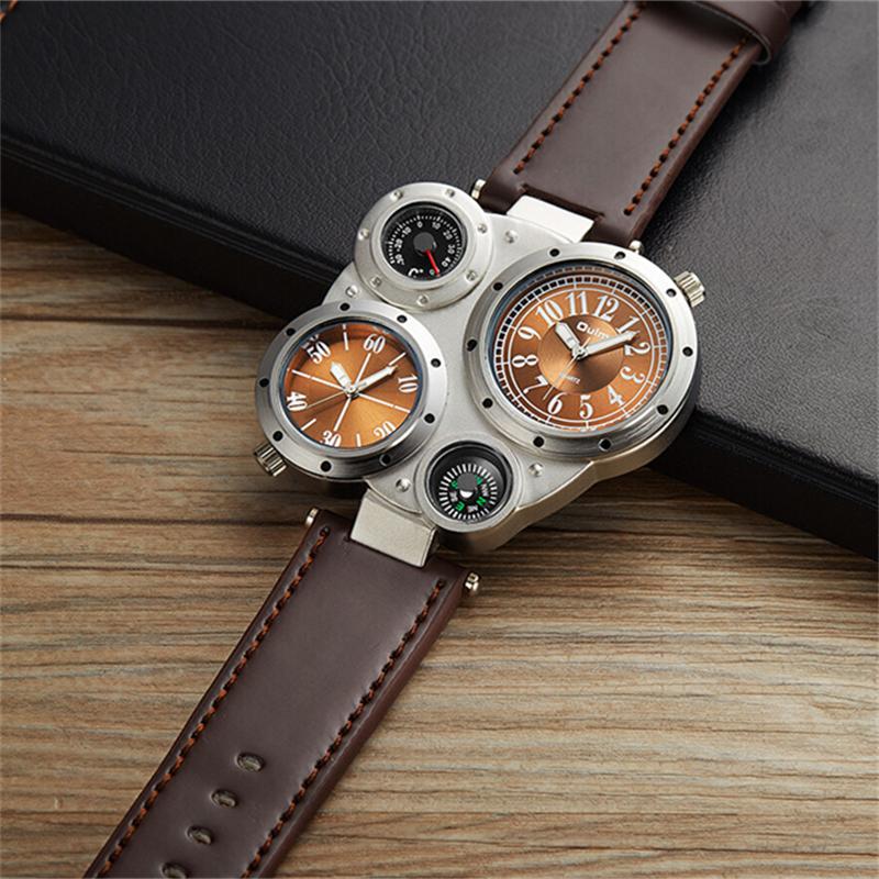 Oulm Fashion Luxury Men's Watch Double Time Zone Large Dial Luminous Leather Strip Men's Quartz Watches relojes para hombre